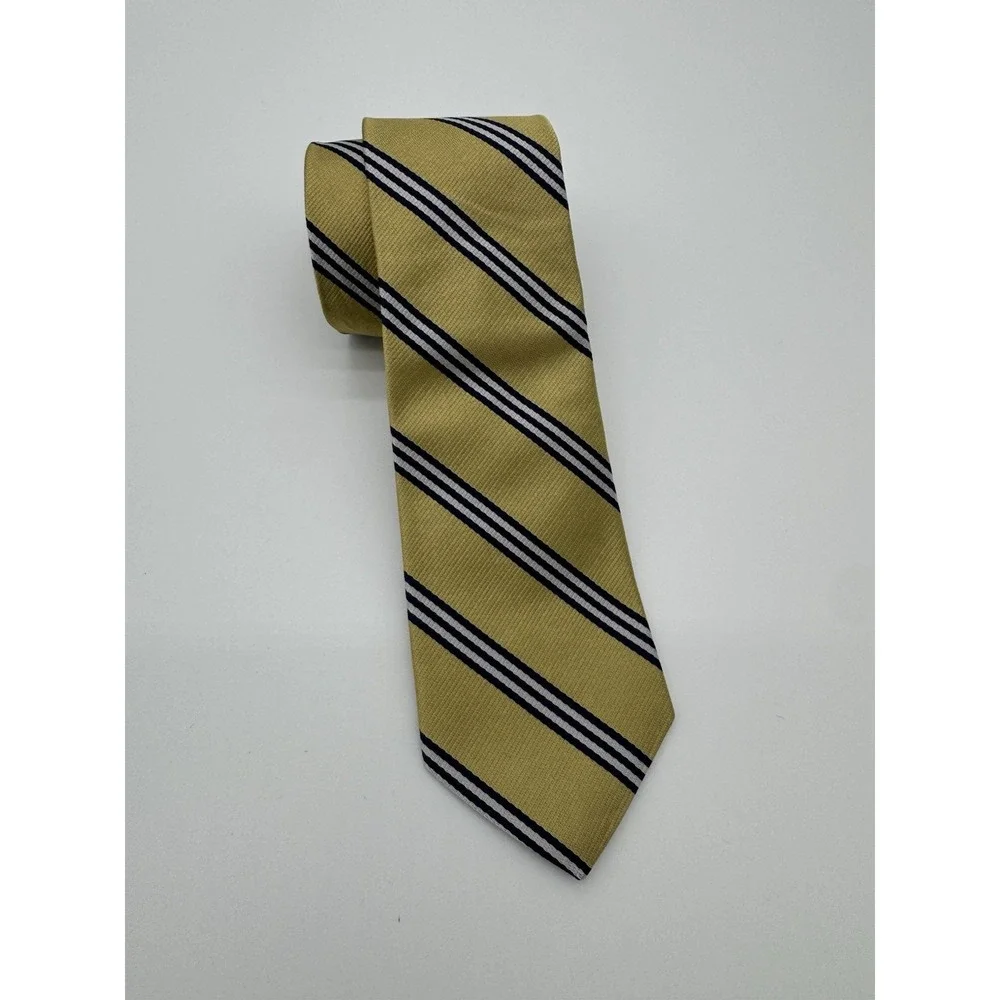 Brooks Brothers Fleece Tie Yellow Blue Stripe 100% Silk Classic Repp Necktie